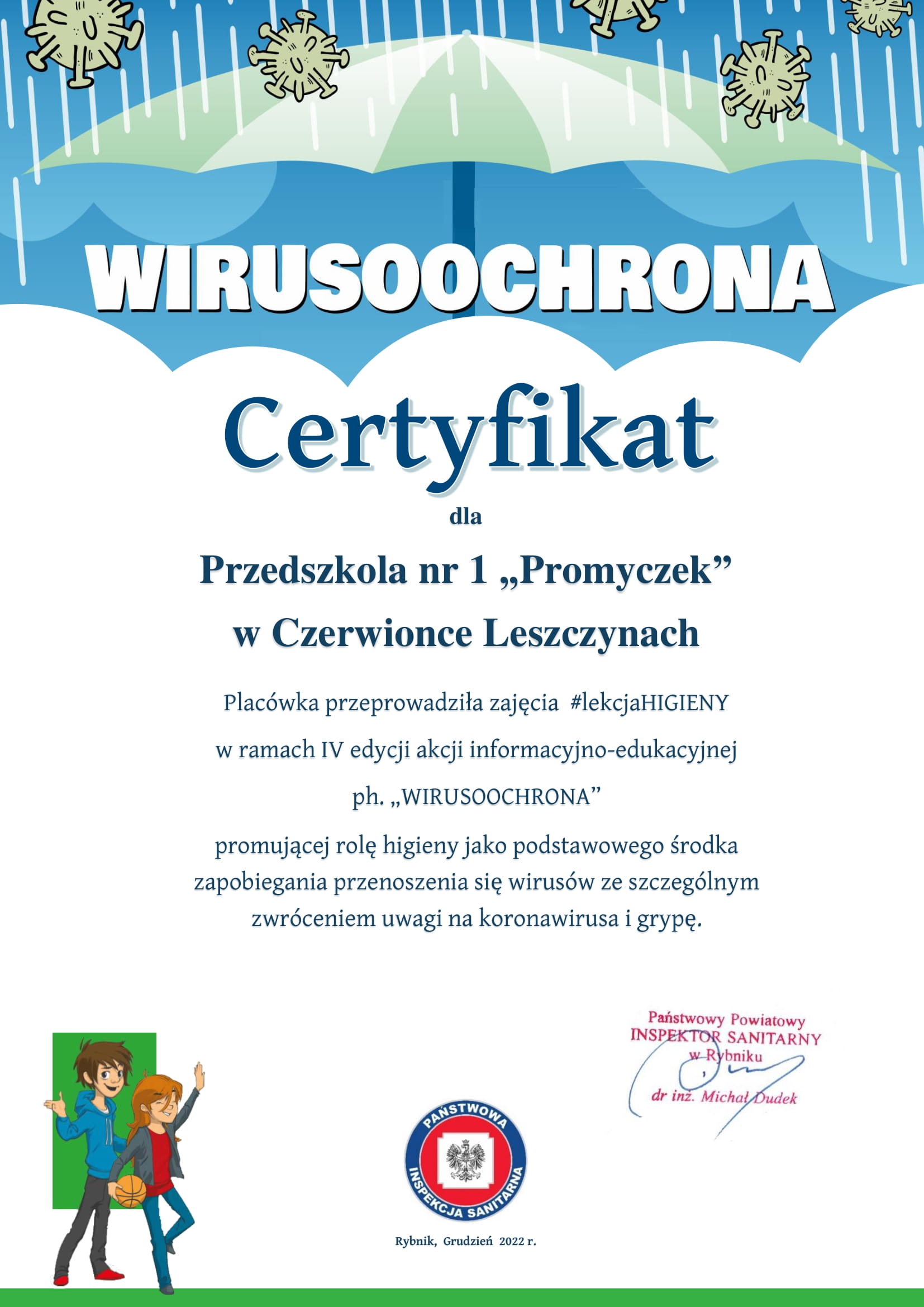 Certyfikat za udział w akcji "Wirusoochrona".