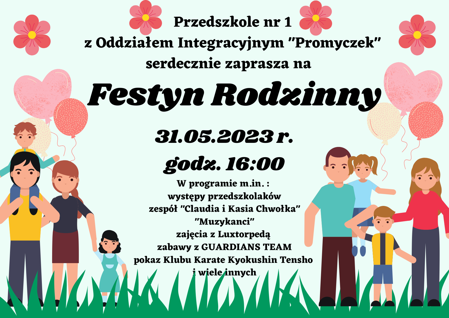 plakat festynu rodzinnego organizowanego przez przedszkole nr 1 "Promyczek"